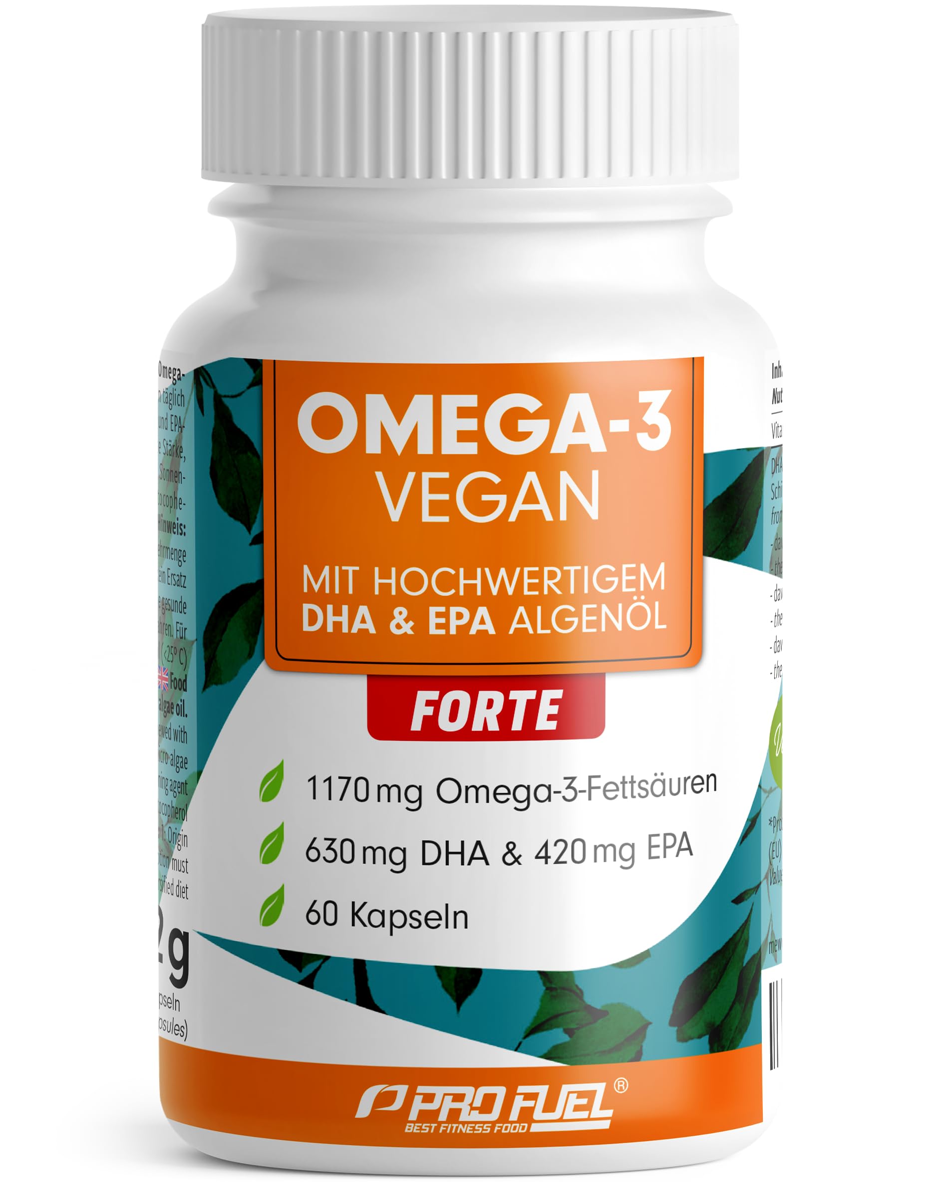 Omega-3 vegan FORTE - 60 Kapseln - 2000 mg Algenöl pro Tag - hochdosiert mit 630mg DHA + 420 mg EPA - vegane Omega-3 Algenöl Kapseln - DHA:EPA Verhältnis 3:2 - laborgeprüft mit Analyse-Zertifikat