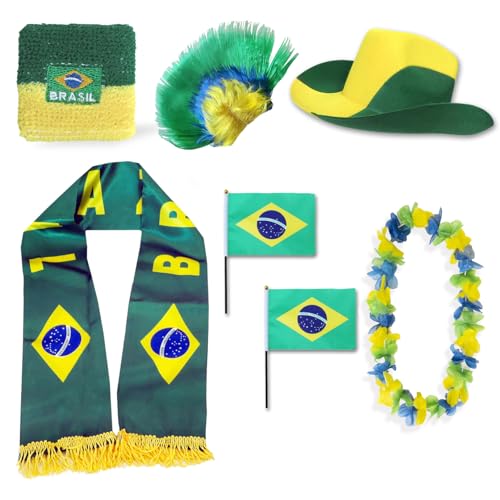 Sonia Originelli Fanset Fanartikel Fanhut Blumenkette Fanschal Schweißband Fähnchen Perücke WM EM Farbe: Brasilien Irokese