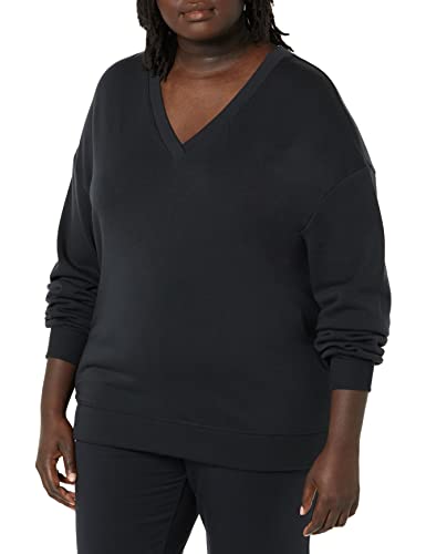 Amazon Aware Damen Lockeres Fleece-Sweatshirt mit V-Ausschnitt, Schwarz, L