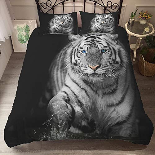 Mateju Bettwäsche Bettbezug Set mit 3D Tiger Muster, Bettwäsche-Set 3 teilig weiche Bettbezüge mit Reißverschluss und 50x75cm Kissenbezug (200x200cm,Weißer Tiger)