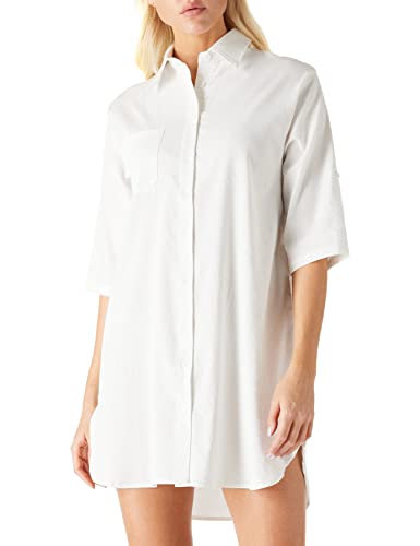 Amazon Brand - find. Lässiges Damenkleid Halblange Ärmel Bündchen Knopfleiste Mini-Shirt-Kleid Übergröße V-Ausschnitt Hemdblusenkleid, Cremeweiß, Size M
