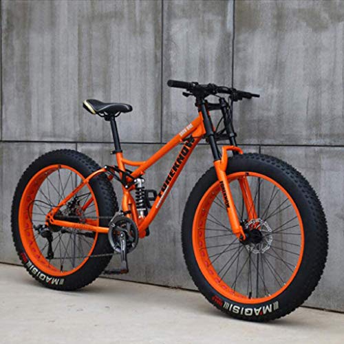 26 Zoll Mountainbikes, MJH-01 Erwachsene Fat Tire Mountain Trail Bike, 24-Gang-Fahrrad, Rahmen aus Karbonstahl, doppelte Vollfederung, doppelte Scheibenbremse, Orange/Cyan