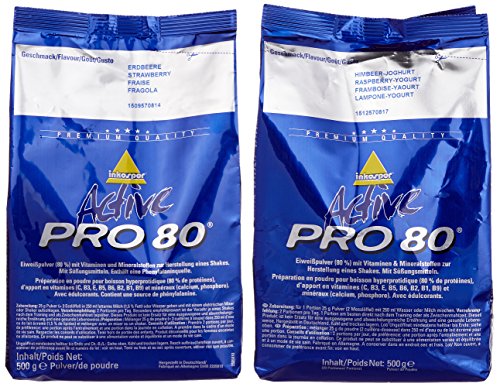 Inkospor Active Proteinshake Pro 80 Beutel 2er Mix Pack (2 x 500 g) Erdbeere/Himbeer-Joghurt, 1er Pack (1 x 1 kg)