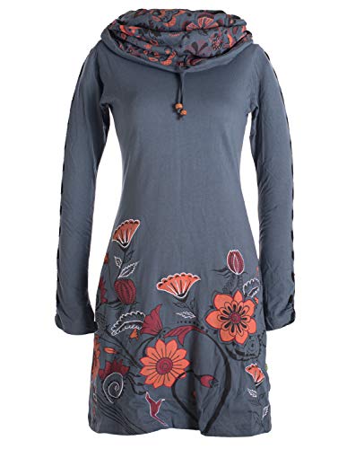 Vishes - Alternative Bekleidung - Damen Kleid mit Blumen-Muster Langarm Herbst Frühling Schalkragen grau 42