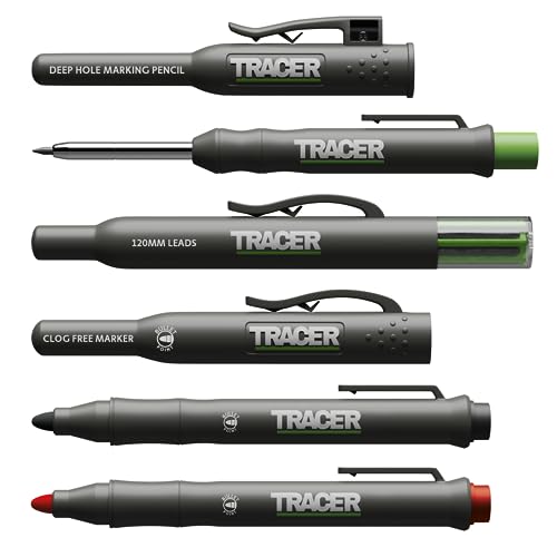 Tracer Markierungsset – Tiefloch-Schreinerbleistift, Ersatzminen x 6 und 2 verstopfungsfreie Marker mit Holster
