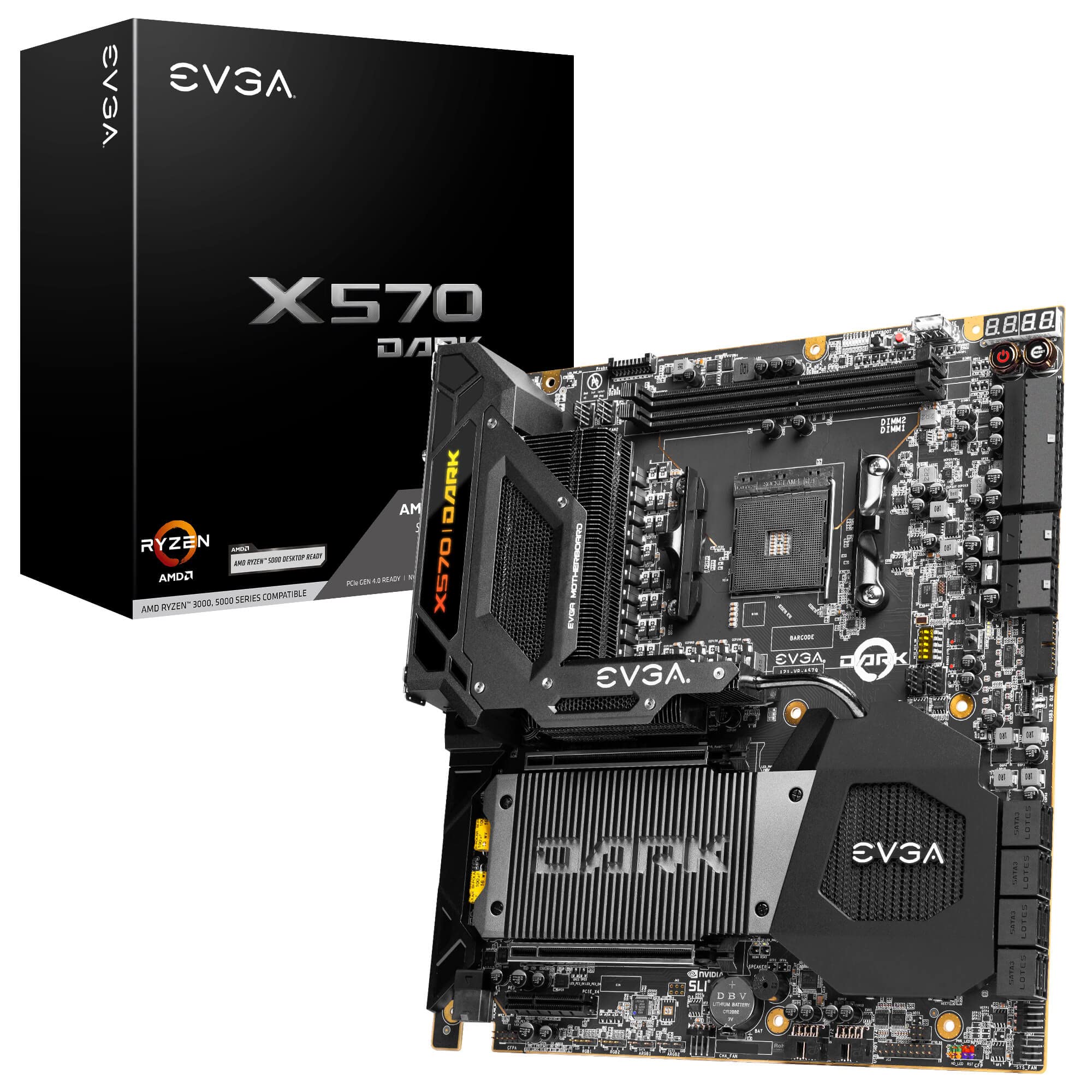 EVGA X570 Dark, 121-VR-A579-KR, AM4, AMD X570, PCIe Gen4, SATA 6Gb/s, 2.5Gb/s LAN, Wi-Fi 6/BT5.2, USB 3.2 Gen2x2, M.2, U.2, EATX, AMD Motherboard, 9B13-188-204, schwarz