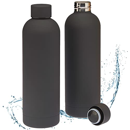 Smart-Planet 2er SET Premium Trinkflaschen aus Edelstahl 750ml - mit edler Touch Lackierung in Schwarz - 0,75l Thermo Edelstahltrinkflasche 100% auslaufsicher