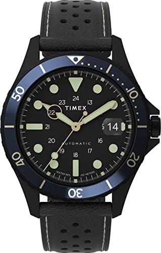 Timex Men's Navi XL Automatic 41mm Watch – Black Stainless Steel Case & Dial Blue-Black Top Ring with Black Genuine Leather Strap