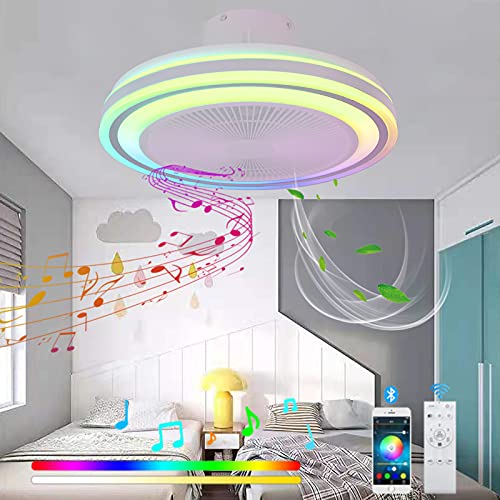VOMI Intelligent Deckenlampe Klein Deckenventilator RGB Farbwechsler LED Deckenventilator mit Beleuchtung und Fernbedienung Fan Deckenleuchte mit Bluetooth Lautsprecher für Schlafzimmer