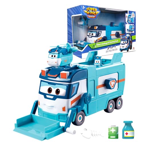 Super Wings Shine Season 7 New Marc's Müll- und Reinigungswagen, großer Müllwagen-Spielzeug für Jungen, mit Mülltonnenheber und Entsorgungsfunktion, grün-blaues Spielzeug für Kleinkinder ab 3 Jahren