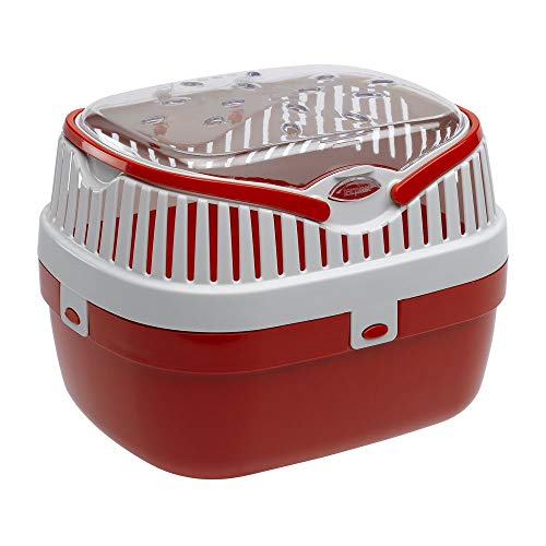 Ferplast Transportbox für Hamster und andere kleine Nagetiere Aladino Medium Reisekäfig für Hamster, widerstandsfähiger Kunststoff, farbiger Boden mit transparentem Deckel, 30 x 23 x h 21 cm, rot