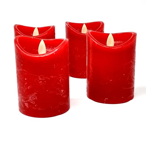 ToCi LED Kerzen Rot Ø 7,5 x 15 cm - 4er Set flammenlose Echtwachs-Kerzen - mit beweglicher Flamme und Timer - Adventskerzen Grablicher