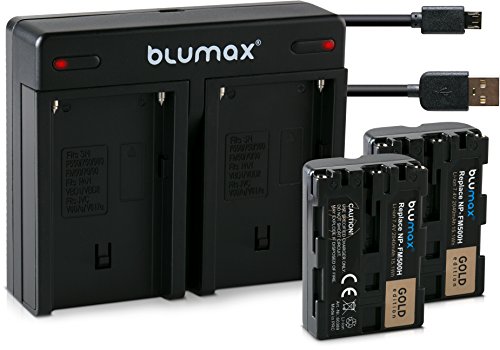Blumax 2X Gold Akku 2040mAh ersetzt Sony NP-FM500H/NP-FM500 + Mini Dual-Ladegerät USB kompatibel mit Sony Alpha 68 Alpha 58 Alpha 99II