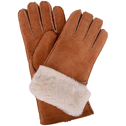 Damen-Luxus-Lammfell Handschuhe mit Falten Stulpe. Tan. Größe - Klein