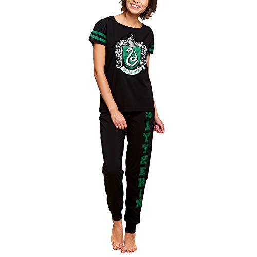 Harry Potter Elbenwald Pyjama Slytherin Häuserwappen Frontprint und Schriftzug auf Hose 2teilig für Damen Baumwolle schwarz - S