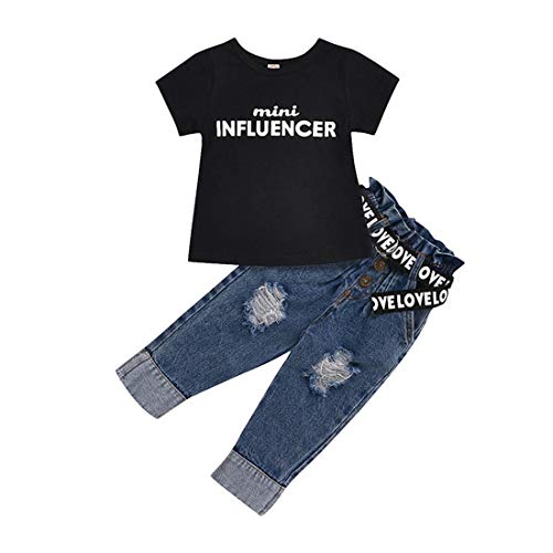 Verve Jelly Baby Girls Ripped Jeans Outfit Kurzarm Bluse Pullover Tops Jeanshose 2Pcs Spring Summer Kleidungsset, Schwarz, 100, 2-3 Jahre