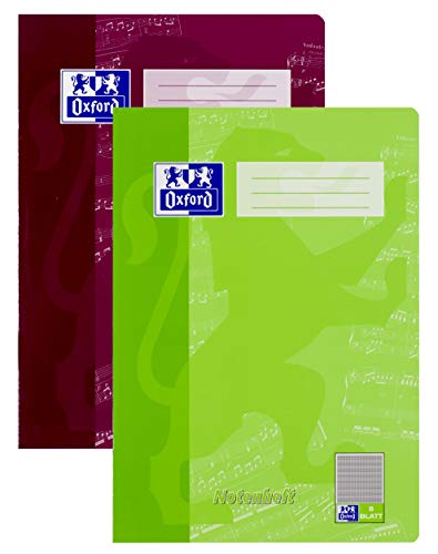 OXFORD 100050399 Notenheft Schule 15er Pack A4 8 Blatt Lineatur 14 mit Hilfslinien sortiert grün & violett
