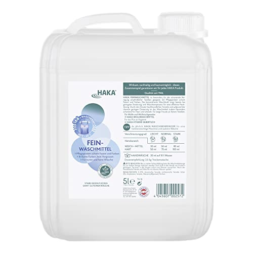 HAKA Feinwaschmittel I 5 Liter Nachfüllkanister I Flüssigwaschmittel für Feines und Buntes I 166 Wäschen I Umweltfreundliches Waschmittel für Seide & Dunkle Wäsche
