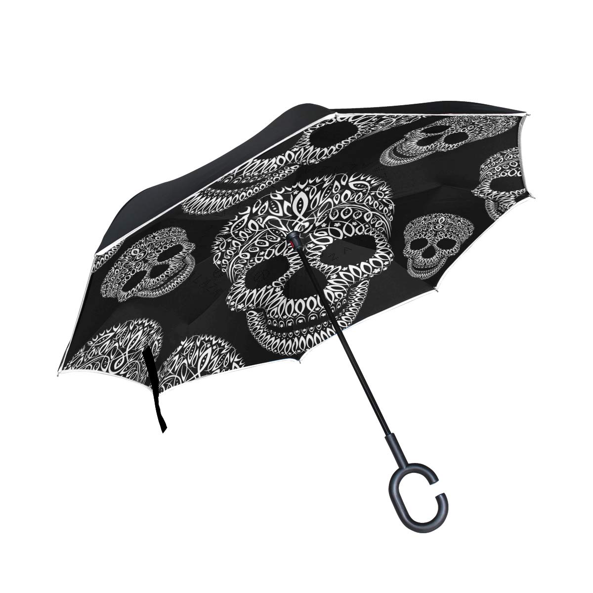 ISAOA Gro?er umgekehrter faltbarer Regenschirm, doppellagig, winddicht, UV-Schutz, Regenschirm, f¨¹r den Au?enbereich, C-f?rmiger Griff, selbststehend, Ornament-Muster, Totenkopf-Regenschirm