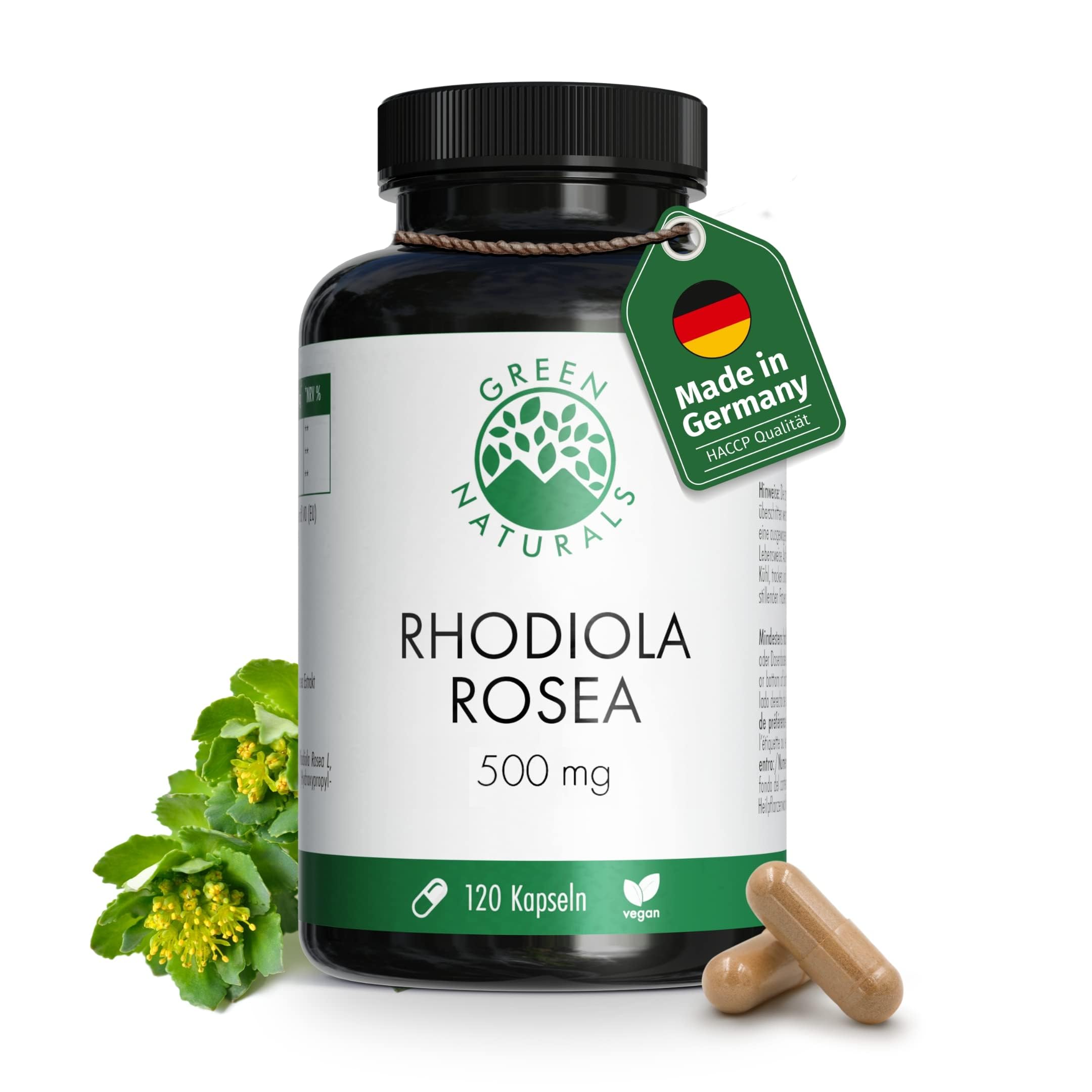 Rhodiola Rosea | 120 Kapseln | Hochdosiert: 500 mg pro Kapsel | Vegan | 4 Monate Vorrat | Green Naturals®
