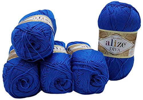 5 x 100 Gramm Wolle Diva einfarbig, 500 Gramm merzerisierte Strickwolle microfiber-Acryl (blau 132)