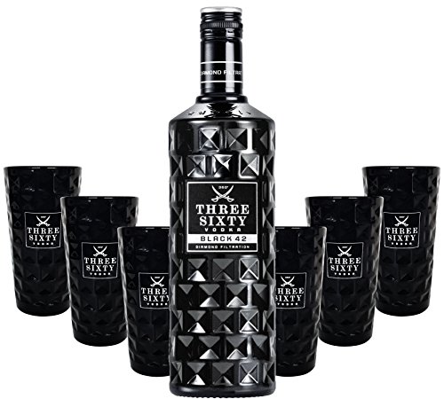 Three Sixty Black 42 Vodka 3L (42% Vol) + 6x Black Longdrink-Gläser schwarz -[Enthält Sulfite]