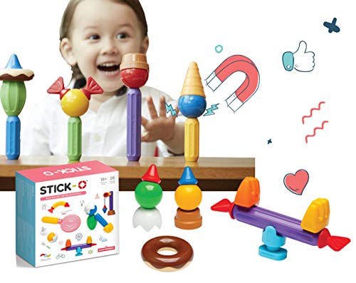 Stick-O magnetische Bausteine für Kinder ab 1 Jahre, kreatives Konstruktionsspielzeug, Lernspielzeug mit Magnet, Rollenspiel Set für Mädchen und Jungen, Montessori Spielzeug, 26 Teile Set,
