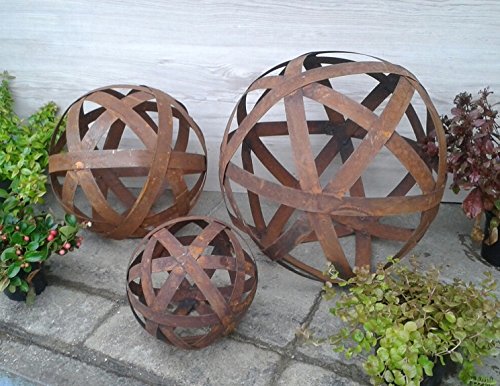 terracotta-toepfe-de 3er-Set, je Kugel 20 + 30 +40 cm aus Metall Edelrost/Deko Garten/Rost Streifenbandkugel Eisen Streifen