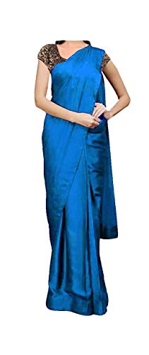 ABN Fashion Traditionelles Satin-Wickelkleid für Damen, Diwali-Geschenk, Sari mit ungenähter Bluse - Blau - Einheitsgröße