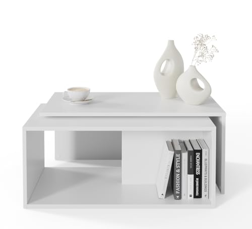 PLATAN ROOM Couchtisch Kaffeetisch 2er Set 90x48x40 cm, moderner Wohnzimmertisch, Sofatisch mit Stauraum, Satztisch (Weiß)