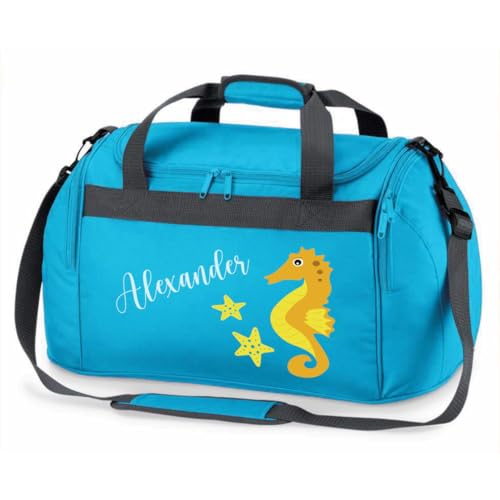 minimutz Sporttasche Schwimmen für Kinder - Personalisierbar mit Name - Schwimmtasche Seepferdchen Duffle Bag für Mädchen und Jungen (türkis)