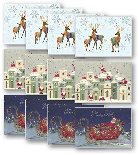 Weihnachtskarten mit Umschlag, hochwertig geprägte Grußkarten mit wunderschönem Design (3x4 Rentiere, Schlitten und Nikoläuse)