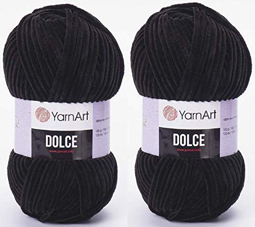 YarnArt Dolce-Garn, Samtgarn, 100 % Mikro-Polyester, 2 Stück, 264 Meter, 2 x 100 g, super sperrig: 6 Baby-Chenille-Garn (742 schwarz)