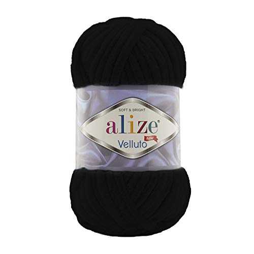 Alize 5 x 100 g Velluto Wolle 500 Gramm super Bulky Chenillegarn,Kuschelweich 100g, Kissen Babydecke etc (schwarz 60)