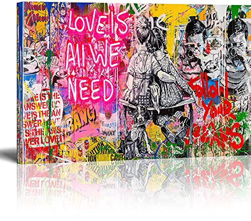 Banksy Bilder Leinwand Love is All We Need Graffiti Street Art Leinwandbild Fertig Auf Keilrahmen Kunstdrucke Wohnzimmer Wanddekoration Deko XXL 30x50cm