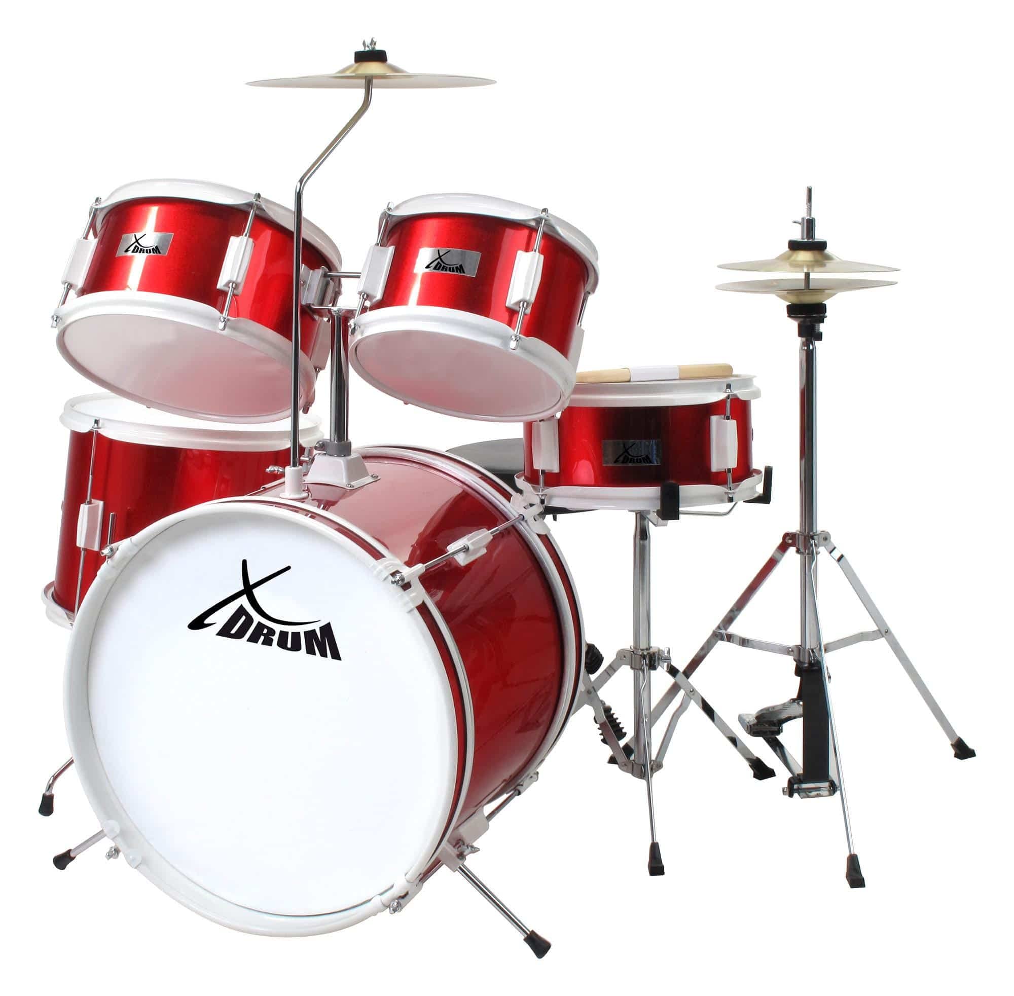 XDrum Junior Kinder Schlagzeug Drumset (geeignet von 5-9 Jahren, mit viel Zubehör, Schule, DVD) Rot