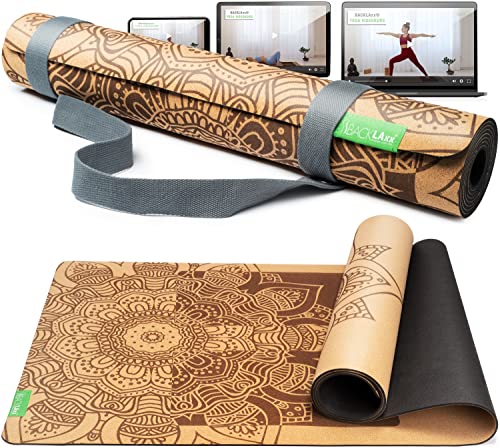 BACKLAxx® Kork Yogamatte mit Naturkautschuk - Nachhaltige Yogamatte rutschfest schadstofffrei mit Anti-Rutsch-Zonen - Inkl. Mattengurt und Anwendungsvideos