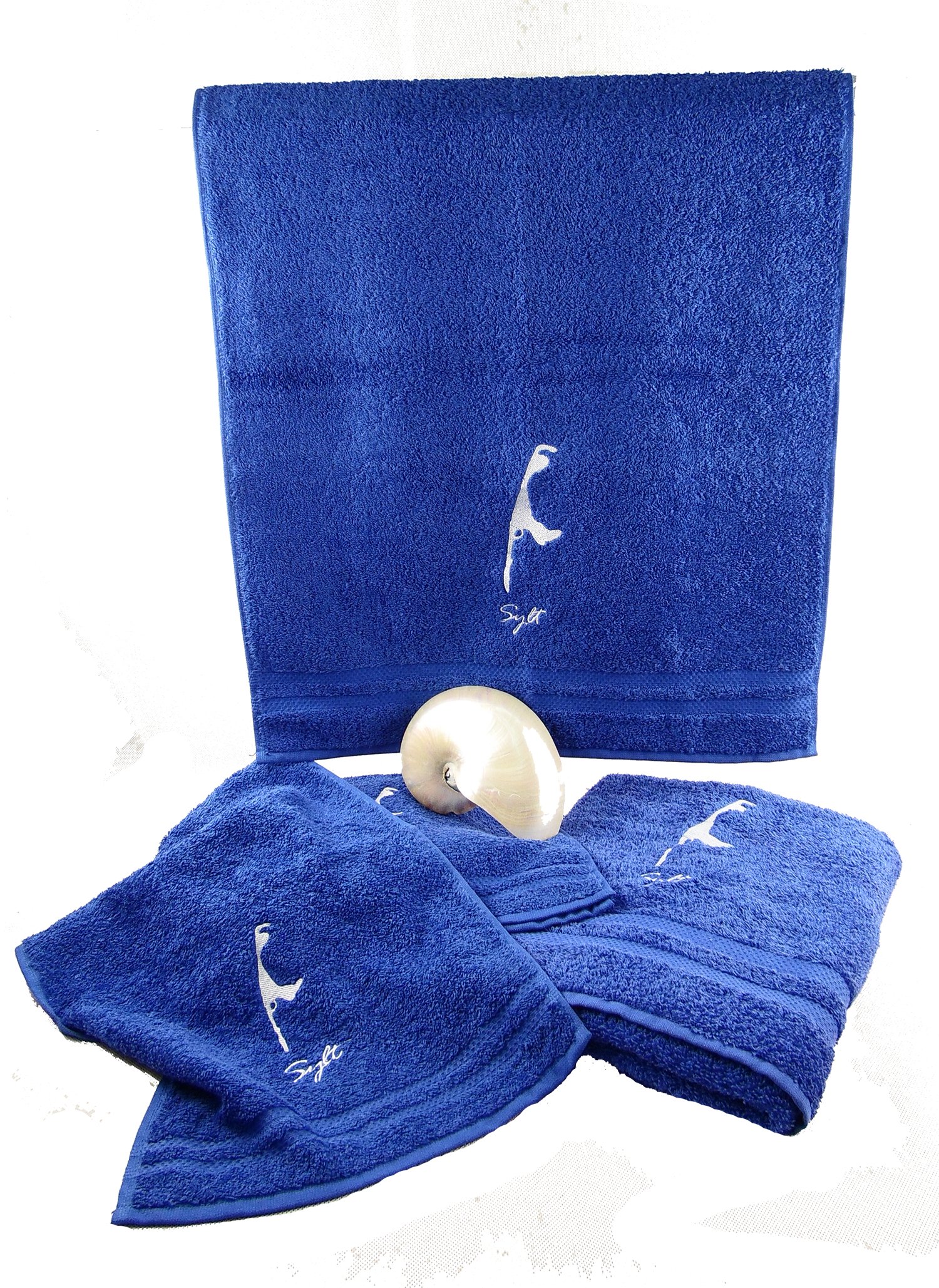 osters muschel-sammler-shop Hochwertige - Flauschige und saugfähige Baumwoll-Handtücher in royal-blau mit weißer Sylt Stickerei - Exclusiv (Handtuch 50x100)