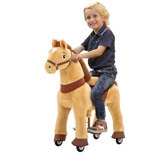 Miweba MisterEd | 𝟯 𝐉𝐀𝐇𝐑𝐄 𝐆𝐀𝐑𝐀𝐍𝐓𝐈𝐄 - E-Serie Pferd - Schaukelpferd mit Handbremse - Kuscheltier - Spielpferd zum Reiten - Kinder Pony auf Rollen - Plüschtier - Reitpferd - 4-8 Jahre