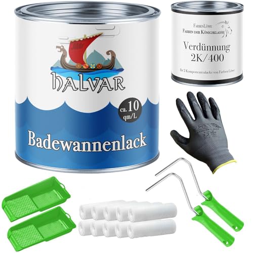 Halvar 2K Badewannenlack im Set - Badewannenbeschichtung inkl. Farbroller, Handschuhe & Entfetter - Badewanne streichen mit Emaille Lack (2,5 L, Schwarz)