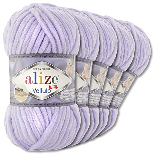 Wohnkult Alize 5x100 g Velluto Premium Wolle 30 Auswahl Chenillegarn Samtwolle Amigurumi Decken Accessore Kleidung DIY (146 | Lila)