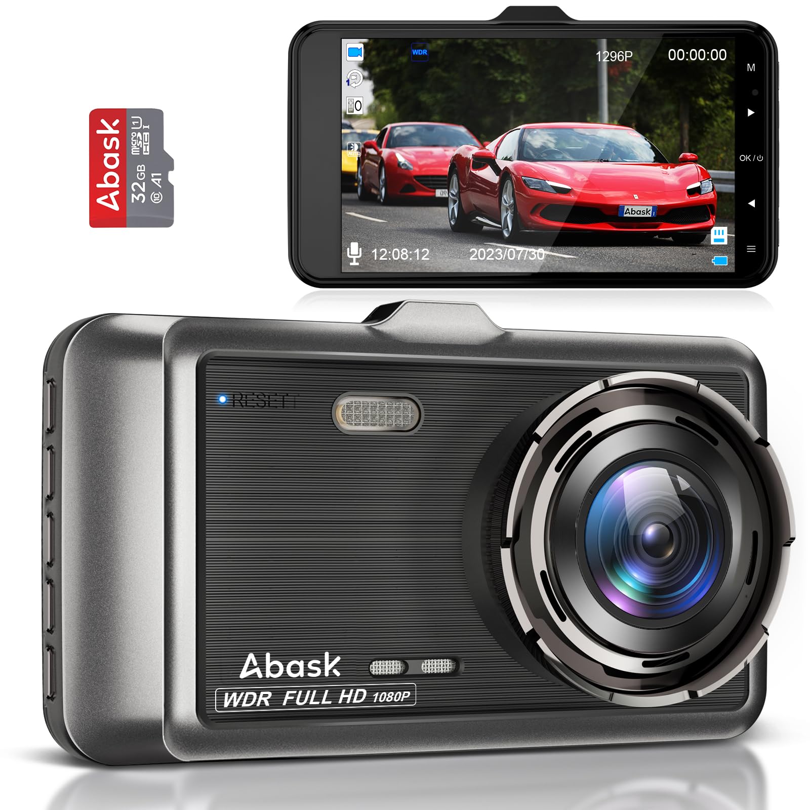 Abask Dashcam Auto Vorne Autokamera 1080P mit 32 GB SD-Karte, 4 Zoll Bildschirm, 170° Weitwinkelansicht, Nachtsicht, Parküberwachung, Rückfahrhilfe, Bewegungserkennung, G-Sensor, Loop-Aufnahm, WDR
