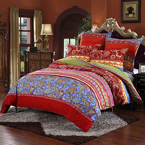 Omela Bettwäsche Set 135x200 Bohemian Boho Style Bettbezug Rot Blumen Muster Indisch Ethnisch Bettdeckenbezug mit Kissenbezug 80x80 cm aus Weich und Angenehm Mikrofaser
