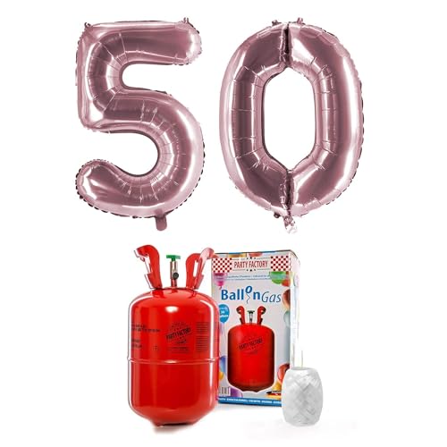 PARTY FACTORY Helium Set "50" mit XXL Zahlenballons, Ballongas und Ballonschnur - für Geburtstag, Jubiläum, Jahrestag; Gold, Silber, Schwarz, Pink, Rosa, Rosagold, Bunt (Rosé)