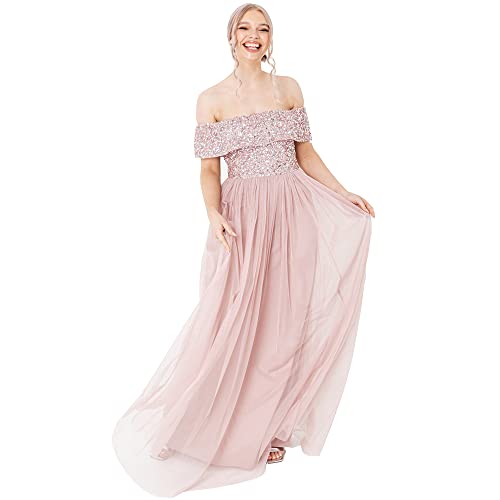 Maya Deluxe Women's Frosted Pink Bardot Embellished Maxi Bridesmaid Dress, 44