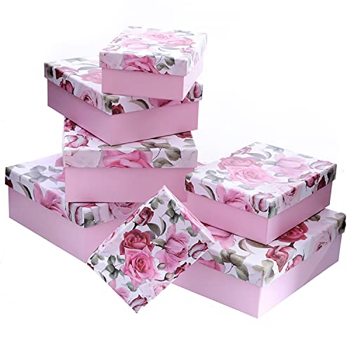 7-tlg. Set Geschenkkarton mit Rosen - Aufbewahrung Karton mit Blumen - Geschenkboxen Rosen - Boxen mit Rosendesign - Geschenkboxen mit Deckel - Kraftpapier Pappboxen