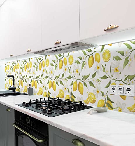 MyMaxxi - Selbstklebende Küchenrückwand Folie ohne Bohren - Motiv gemalte Zitronen mit Blüten Mehrfarbig 60cm hoch- Klebefolie Wandtattoo Wandbild Küche - Wand-Deko - Küche Essen Nahrung