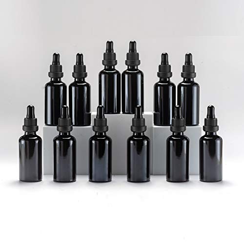 Yizhao 50 ml schwarze ultraviolette Tropfflasche, leere Augen-Glas-Tropfflaschen mit [Glas-Pipetten-Tropfen], kleine Probe-Glasflaschen, für ätherische Öle, Massage, Make-up, Reise-Flaschen – 12 Stück
