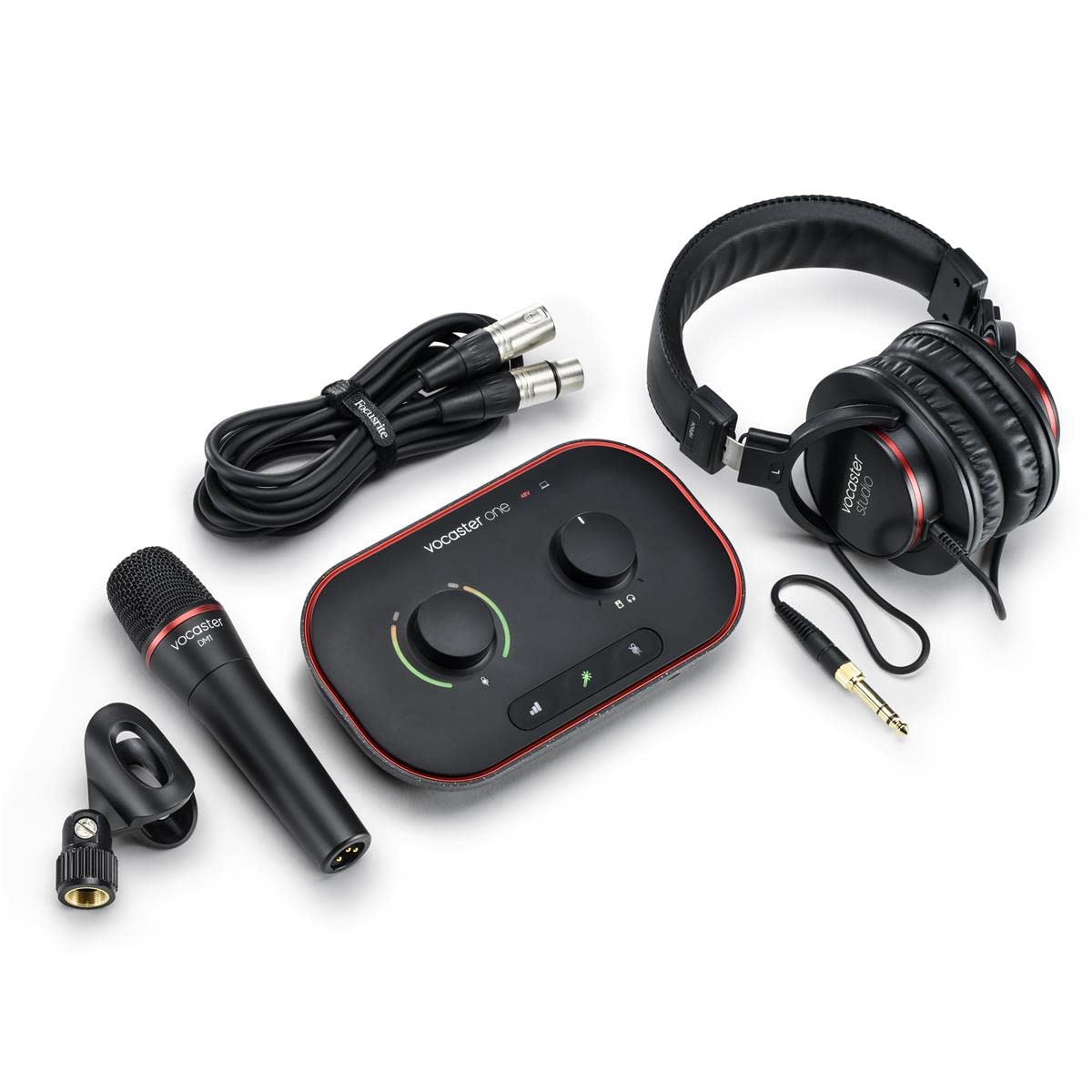 Focusrite Vocaster One Studio – Podcast-Audio-Interface für Solo-Aufnahmen, mit dem Mikrofon Vocaster DM1 in Studioqualität und den Kopfhörern HP60v.