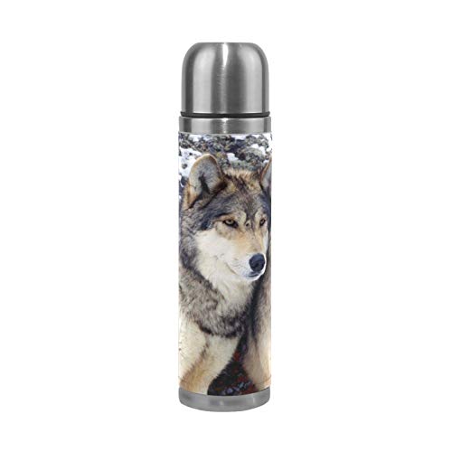 RELEESSS Vakuum-Thermosflasche Wild Wolf Edelstahl Reisebecher Isolierbecher Wasserflasche für heiße und kalte Getränke 500 ml